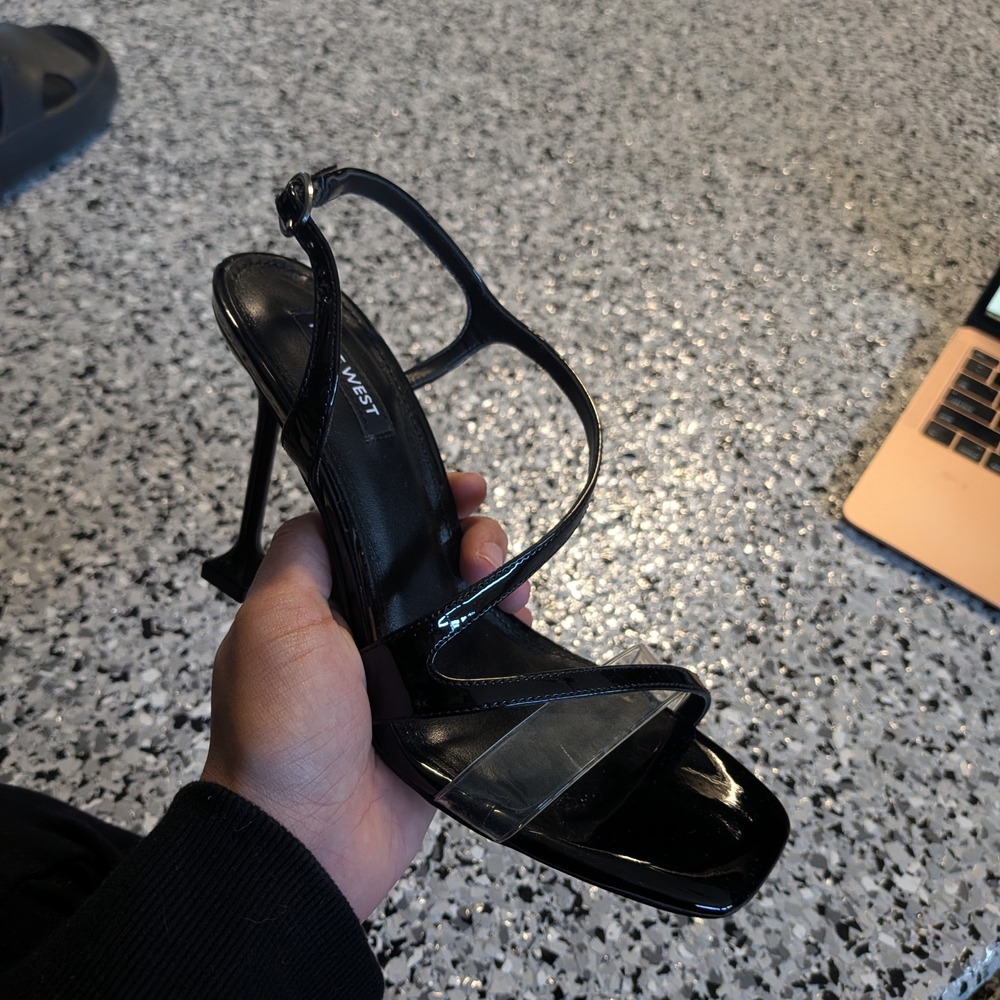 Nine West Glossy Black Strappy Heels Clear Strap Women's Size 6.5
